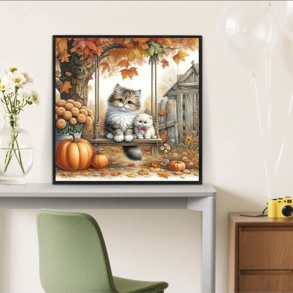 Fall Pumpkin Flowers Leaves Kitty Cats 5D Diamond Painting Kit New - Picture 4 of 7